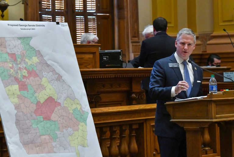 Georgia Republican state Sen. John Kennedy introduces a map of state Senate districts at the Georgia Capitol on Nov. 9, 2021, in Atlanta. A federal judge ruled Thursday, Oct. 26, 2023, that some of Georgia's congressional, state Senate, and state House districts were drawn in a racially discriminatory manner, ordering the state to draw an additional black-majority congressional district.