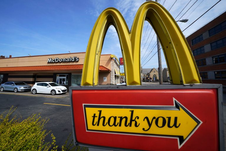 An exit sign is shown at a McDonald's restaurant in Pittsburgh, April 23, 2022. McDonald's reports earnings on Monday, Oct. 30, 2023.