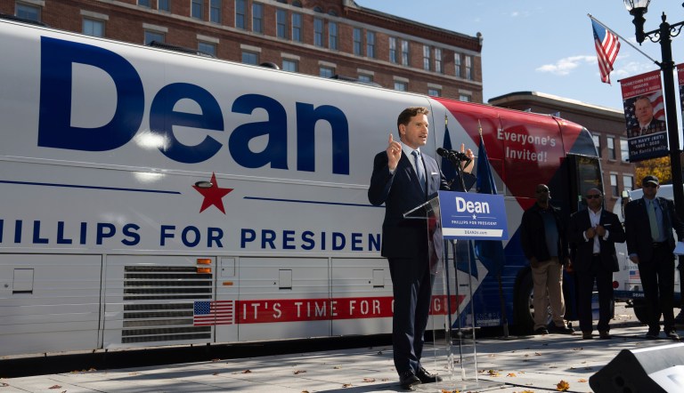 After signing a declaration of candidacy to run for president, Dean Phillips walked out of the New Hampshire Statehouse to address the crowd Friday, Oct. 27, 2023, in Concord, Minnesota.