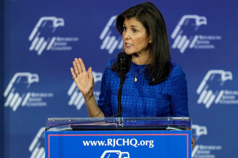 Former U.N. Ambassador Nikki Haley speaks at an annual leadership meeting of the Republican Jewish Coalition, Saturday, Oct. 28, 2023, in Las Vegas.