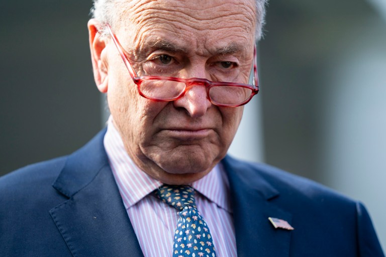 Senate Majority Leader Chuck Schumer (D-NY) talks with reporters after meeting with President Joe Biden at the White House, Oct. 31, 2023, in Washington. On Wednesday, the Senate failed to advance aid for Ukraine, Israel, and Taiwan.