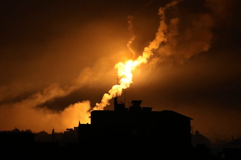 Israeli forces' flares light up the night sky in northern Gaza Strip, Tuesday, Oct. 31, 2023. 