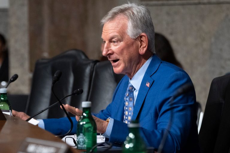 Sen. Tommy Tuberville (R-AL) questions Navy Adm. Lisa Franchetti during a Senate Armed Services Committee hearing, Sept. 14, 2023.