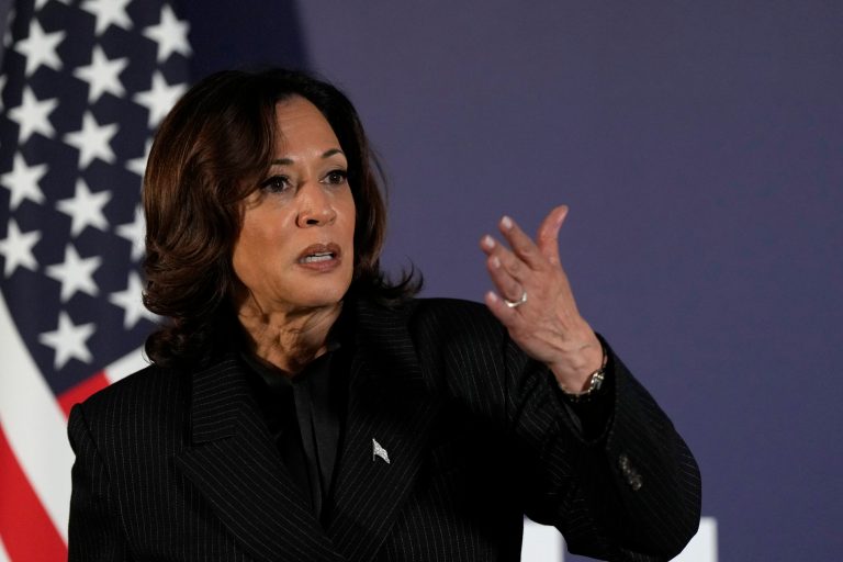 US Vice President Kamala Harris, speaks to the media after the end of the AI Safety Summit at Bletchley Park in Milton Keynes, England, Thursday, Nov. 2, 2023. (AP Photo/Alastair Grant)