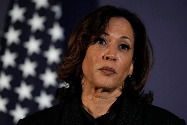 Vice President Kamala Harris speaks to the media after the end of the AI Safety Summit at Bletchley Park in Milton Keynes, England, Thursday, Nov. 2, 2023.