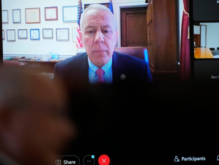 Rep. Ken Buck (R-CO) testifies by video during a hearing for a lawsuit to keep former President Donald Trump off the state ballot in Denver District Court Thursday, Nov. 2, 2023, in Denver.