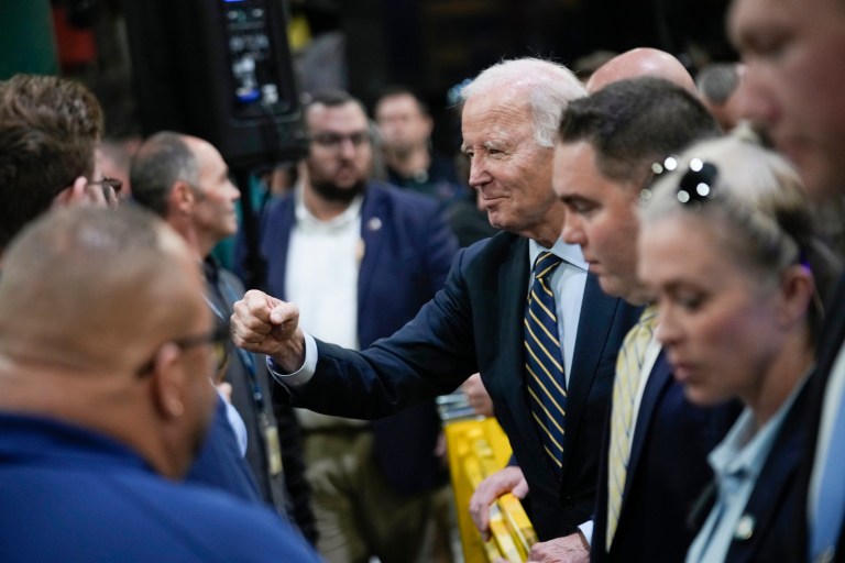 President Joe Biden greets employees after speaking at the Amtrak Bear Maintenance Facility, Monday, Nov. 6, 2023, in Bear, Delaware.