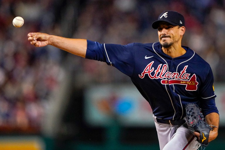 FILE - Atlanta Braves starting pitcher Charlie Morton throws during the first inning of a baseball game against the Washington Nationals at Nationals Park, Friday, Sept. 22, 2023, in Washington. (AP Photo/Andrew Harnik, File)