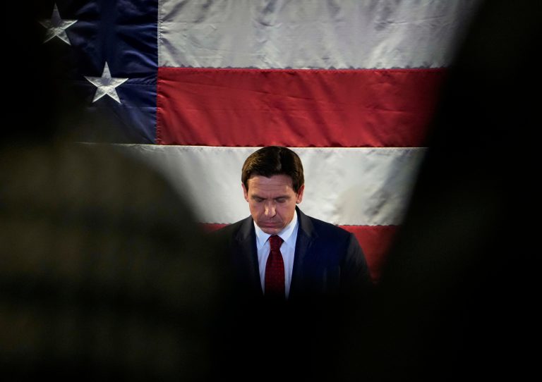 Gov. Ron DeSantis (R-FL) is seen at a rally Monday, Nov. 6, 2023, in Des Moines, Iowa.