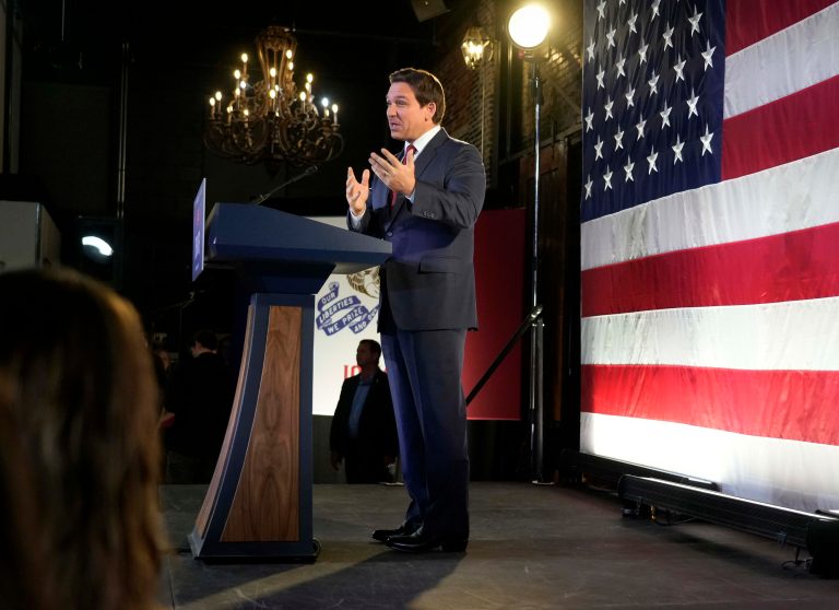 Republican presidential candidate Gov. Ron DeSantis (R-FL) speaks during a rally with Gov. Kim Reynolds (R-IA), Monday, Nov. 6, 2023, in Des Moines, Iowa.