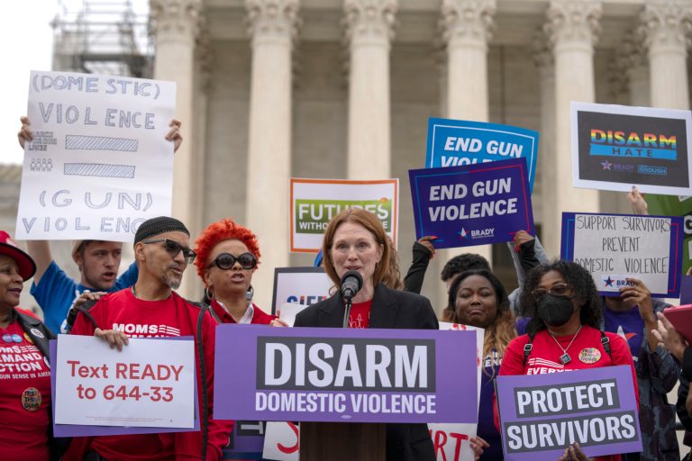 Actor Julianne Moore speaks during a rally at the Supreme Court on Tuesday, Nov. 7, 2023, in Washington.