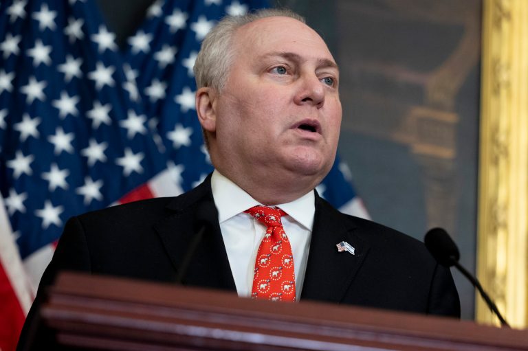 House Majority Leader Steve Scalise (R-LA) speaks during a press conference with House Republicans and families of hostages being held in Gaza at the Capitol in Washington on Tuesday, Nov. 7, 2023.