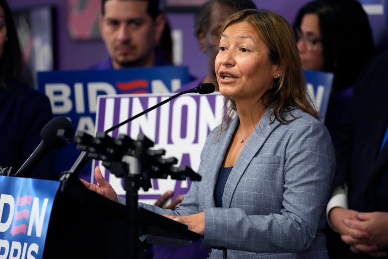 Biden-Harris 2024 campaign manager Julie Chavez Rodriguez speaks during a Biden-Harris 2024 campaign news conference, Tuesday, Nov. 7, 2023, in Miami. 
