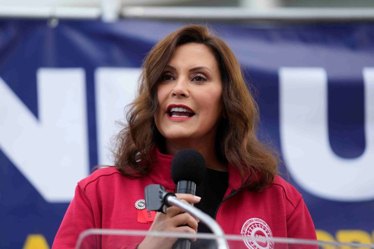 Gov. Gretchen Whitmer (D-MI) speaks to United Auto Workers members at a rally, Sept. 15, 2023, in Detroit. 