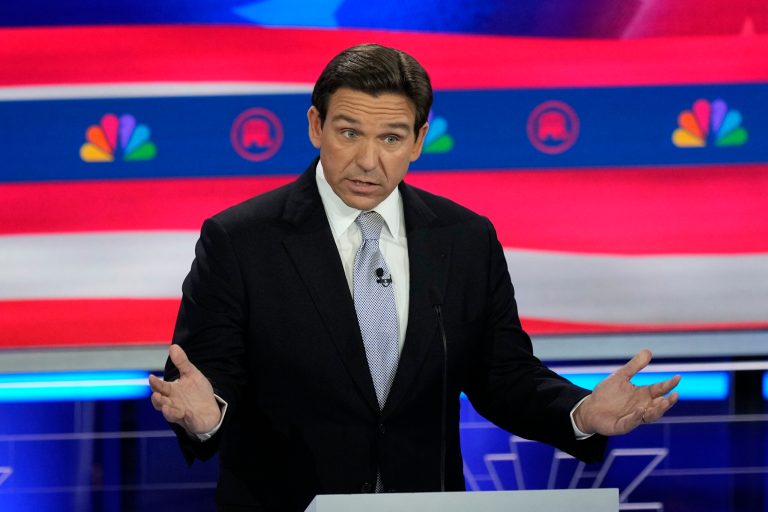 Republican presidential candidate Gov. Ron DeSantis (R-FL) speaks during a primary debate hosted by NBC News on Nov. 8, 2023, at the Adrienne Arsht Center for the Performing Arts of Miami-Dade County in Miami. 