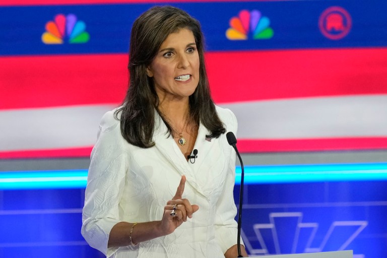 Nikki Haley speaks during a Republican presidential primary debate hosted by NBC News on Wednesday, Nov. 8, 2023.