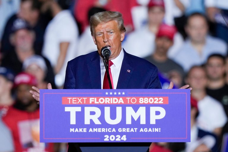Former President Donald Trump speaks at a campaign rally in Hialeah, Fla., Wednesday, Nov. 8, 2023.