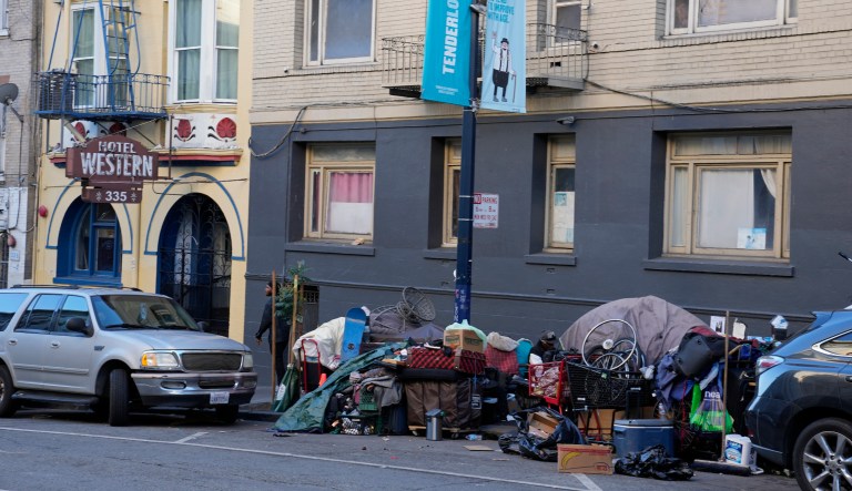 A homeless encampment is seen along Leavenworth Street in the Tenderloin district of San Francisco, Wednesday, Nov. 8, 2023. Thousands of CEOs, world leaders, protesters, and others will soon descend on San Francisco for a high-profile global trade summit that could give the battered city a chance to reverse its image of an economic powerhouse now in decline. As host, San Francisco and the city's partners are cleaning sidewalks, scrubbing away graffiti, and moving homeless people to shelter indoors.