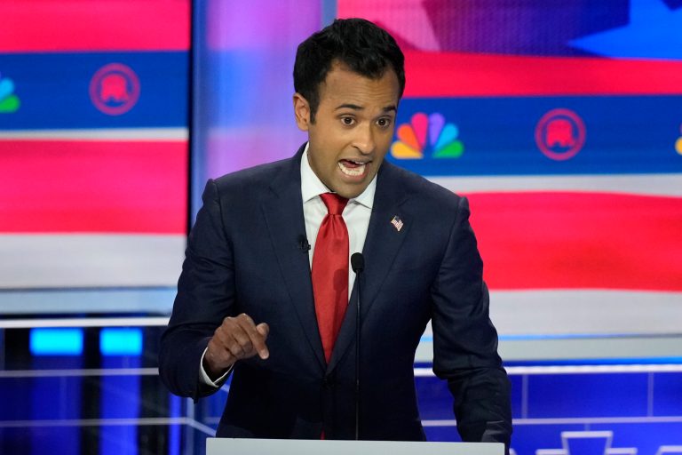 FILE - Republican presidential candidate businessman Vivek Ramaswamy speaks during a Republican presidential primary debate hosted by NBC News on Nov. 8, 2023, at the Adrienne Arsht Center for the Performing Arts of Miami-Dade County.
