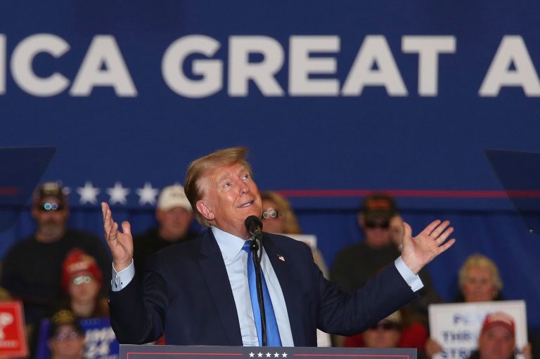 Former President Donald Trump speaks at a campaign rally Saturday, Nov. 11, 2023, in Claremont, New Hampshire.