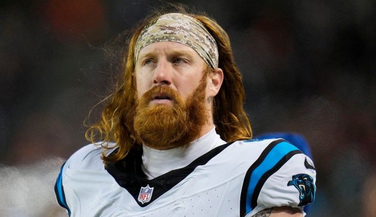 Carolina Panthers tight end Hayden Hurst stands on the sidelines during a game against the Chicago Bears on Thursday, Nov. 9, 2023, in Chicago.