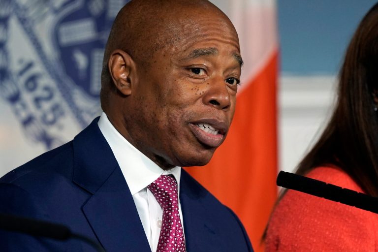 New York Mayor Eric Adams responds to questions during a news conference at New York's City Hall, Tuesday, Nov. 14, 2023. 