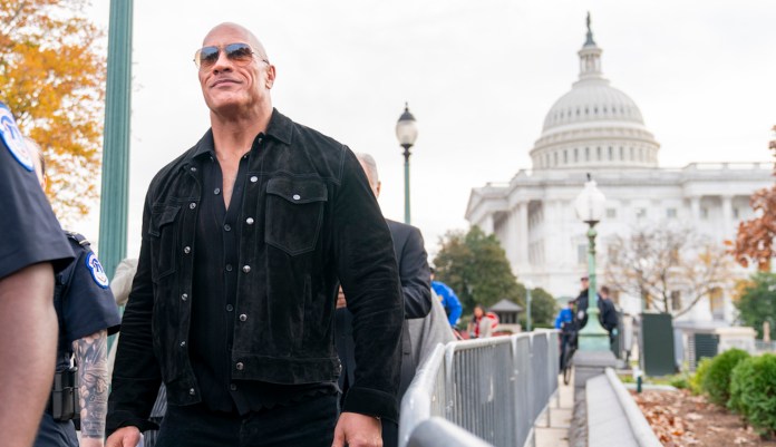 Dwayne "The Rock" Johnson leaves the Capitol after meeting with Senate Majority Leader Chuck Schumer (D-NY) on Wednesday, Nov. 15, 2023, on Capitol Hill in Washington.