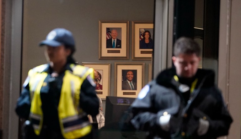 U.S. Capitol Police officers stand outside the headquarters of the Democratic National Committee Wednesday, Nov. 15, 2023, in Washington, after a protest.
