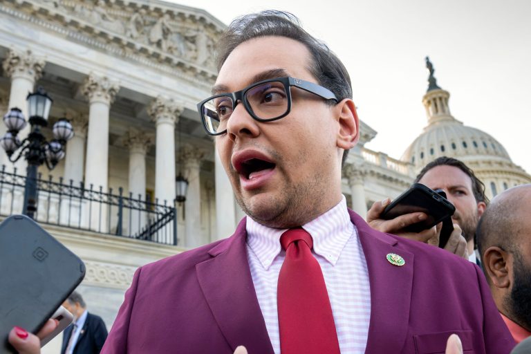 Rep. George Santos (R-NY) speaks to reporters outside the Capitol in Washington, May 17, 2023.