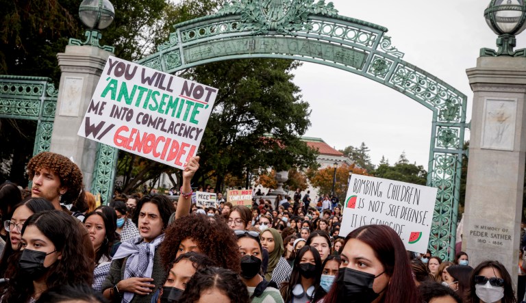 Hundreds of people, primarily students, gather to read the names of Palestinians killed and call for a ceasefire in Gaza during a protest on Thursday, Nov. 16, 2023, on the University of California, Berkeley campus.