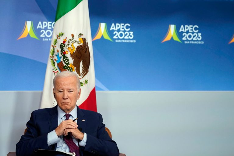 President Joe Biden listens as he meets with Mexican President Andres Manuel Lopez Obrador at the Asia-Pacific Economic Cooperative summit, Friday, Nov. 17, 2023, in San Francisco. 