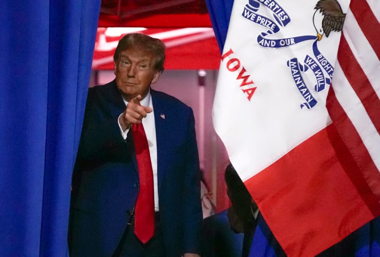 Republican presidential candidate and former President Donald Trump speaks during a rally, Saturday, Nov. 18, 2023, in Fort Dodge, Iowa. 