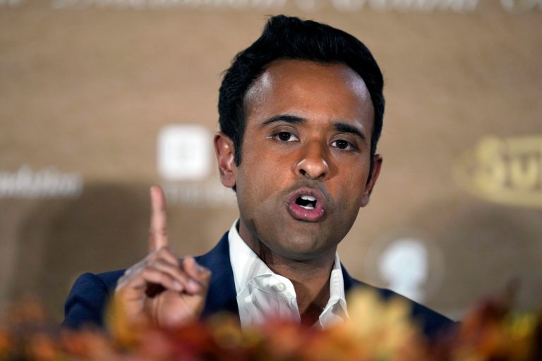 FILE - Republican presidential candidate businessman Vivek Ramaswamy speaks during the Family Leader's Thanksgiving Family Forum, Nov. 17, 2023, in Des Moines, Iowa. (AP Photo/Charlie Neibergall, File)
