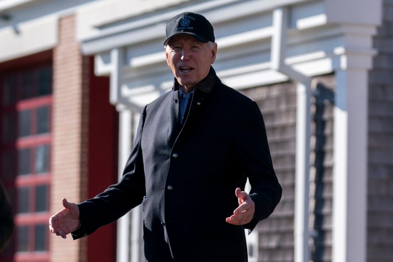 President Joe Biden speaks to reporters after delivering pies to the Nantucket Fire Department in Nantucket, Massachusetts, Thursday, Nov. 23, 2023.