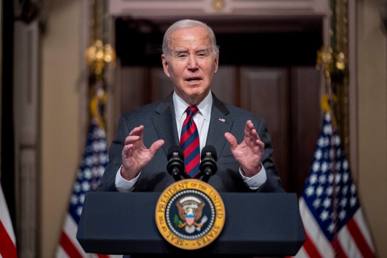 President Joe Biden speaks about supply chain issues in the Indian Treaty Room on the White House complex in Washington, Monday, Nov. 27, 2023.