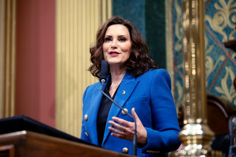 Gov. Gretchen Whitmer (D-MI) delivers her State of the State address to a joint session of the House and Senate, Jan. 25, 2023, at the state Capitol in Lansing, Michigan.