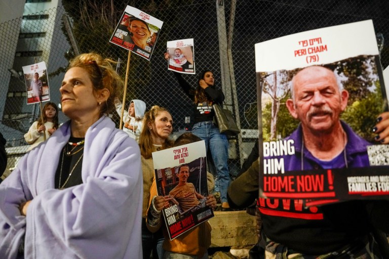 Israeli protesters in Tel Aviv call for the release of the hostages held in the Gaza Strip by Hamas on Tuesday.