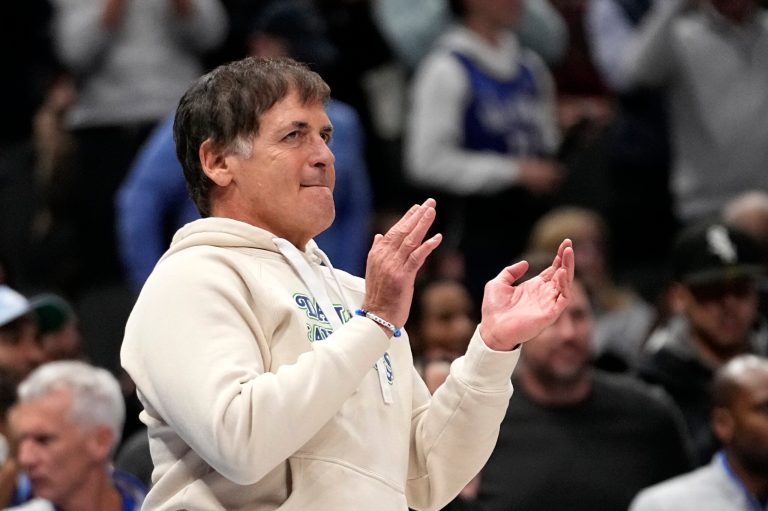 Dallas Mavericks team owner Mark Cuban celebrates late in the second half of an NBA basketball game against the Houston Rockets in Dallas, Tuesday, Nov. 28, 2023.