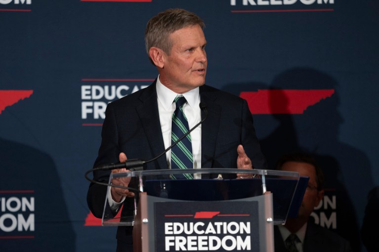 Tennessee Gov. Bill Lee speaks during a news conference Tuesday, Nov. 28, 2023, in Nashville, Tennessee. Gov. Lee presented the Education Freedom Scholarship Act of 2024, his administration's legislative proposal to establish statewide universal school choice.
