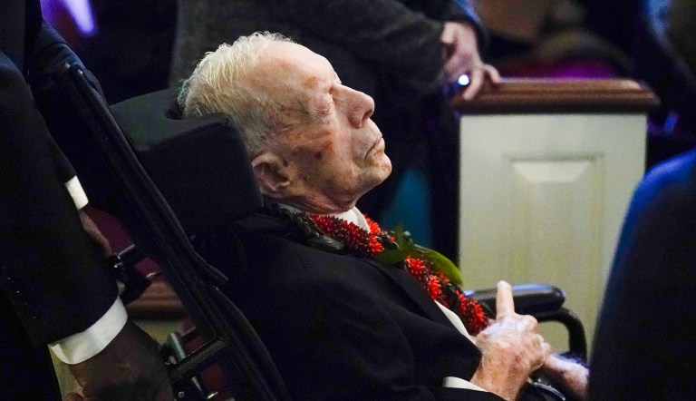 Former President Jimmy Carter arrives for the funeral service for his wife, former first lady Rosalynn Carter, at Maranatha Baptist Church, Wednesday, Nov. 29, 2023, in Plains, Georgia.