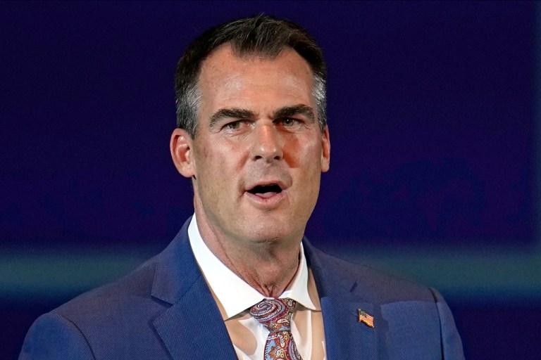 Gov. Kevin Stitt (R-OK) addresses a campaign rally Nov. 1, 2022, in Oklahoma City.