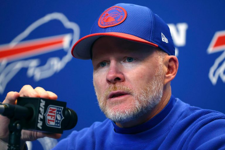 FILE -Buffalo Bills head coach Sean McDermott talks with reporters following an NFL football game against the New York Giants in Orchard Park, N.Y., Sunday Oct. 15, 2023. (AP Photo/ Jeffrey T. Barnes, File)