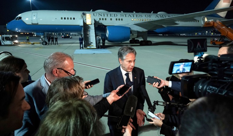 Secretary of State Antony Blinken speaks to the media prior to departure from Al Maktoum International Airport in Dubai, United Arab Emorates, Friday, Dec. 1, 2023.