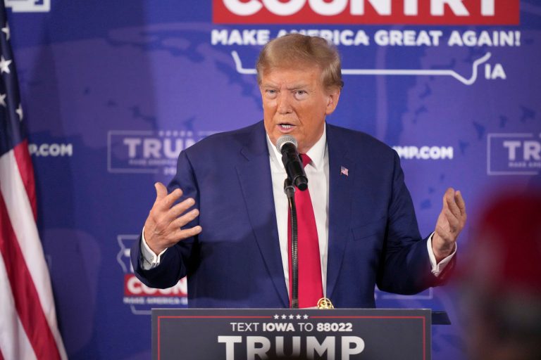 Former President Donald Trump speaks during a Commit to Caucus rally on Saturday, Dec. 2, 2023, in Ankeny, Iowa.