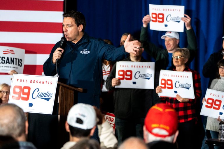 Gov. Ron DeSantis (R-FL) speaks during the final event of a 99-county tour of Iowa on Saturday, Dec. 2, 2023, in Newton.