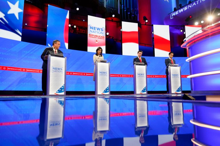 Republican presidential candidates from left, former New Jersey Gov. Chris Christie, former U.N. Ambassador Nikki Haley, Florida Gov. Ron DeSantis, and businessman Vivek Ramaswamy.