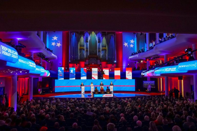 Republican presidential candidates from left, former New Jersey Gov. Chris Christie, former U.N. Ambassador Nikki Haley, Florida Gov. Ron DeSantis, and businessman Vivek Ramaswamy during a Republican presidential primary debate.