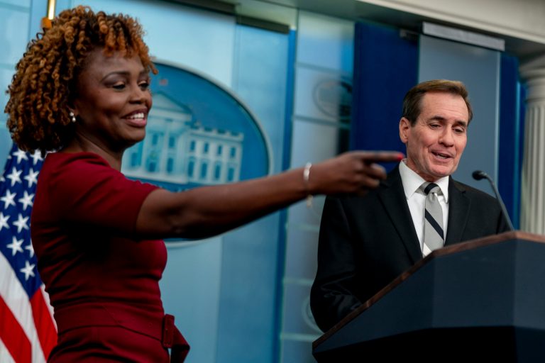 White House press secretary Karine Jean-Pierre, left, accompanied by National Security Council spokesman John Kirby, calls on a reporter during a press briefing at the White House in Washington, Thursday, Dec. 7, 2023.
