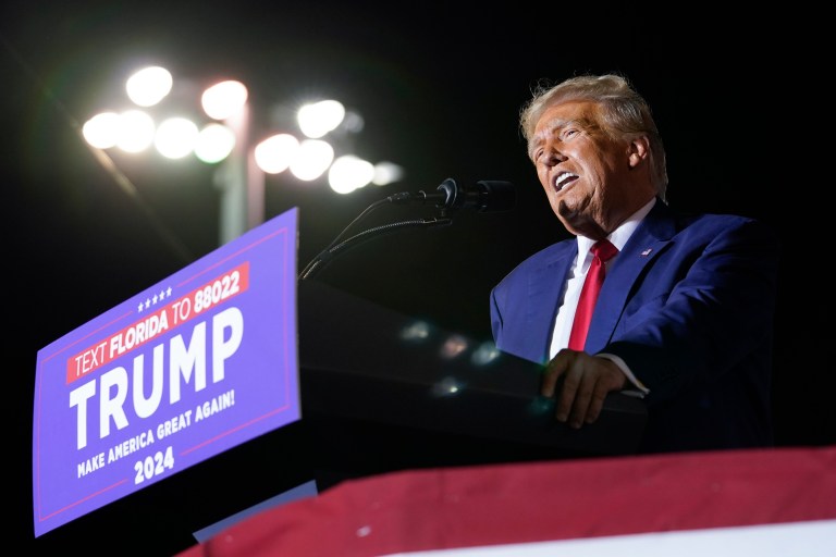 FILE - Former President Donald Trump speaks at a campaign rally in Hialeah, Fla., Nov. 8, 2023. (AP Photo/Lynne Sladky, File)