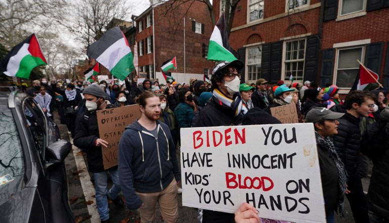 Pro-Palestinian demonstrators marched from Washington Square ahead of President Joe Biden's afternoon fundraiser at nearby Penn's Landing on Monday, Dec. 11, 2023, in Philadelphia.